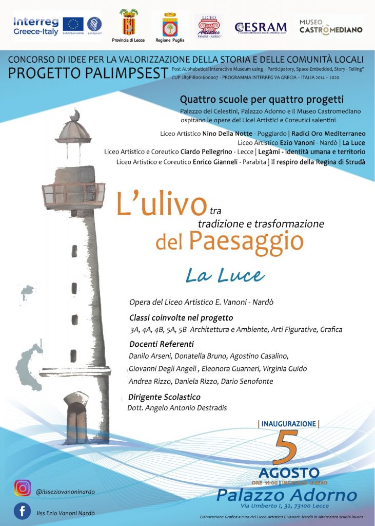 La Luce: il 5 agosto a Palazzo Adorno inaugurazione dell’opera del “Vanoni” di Nardò per il progetto Palimpsest