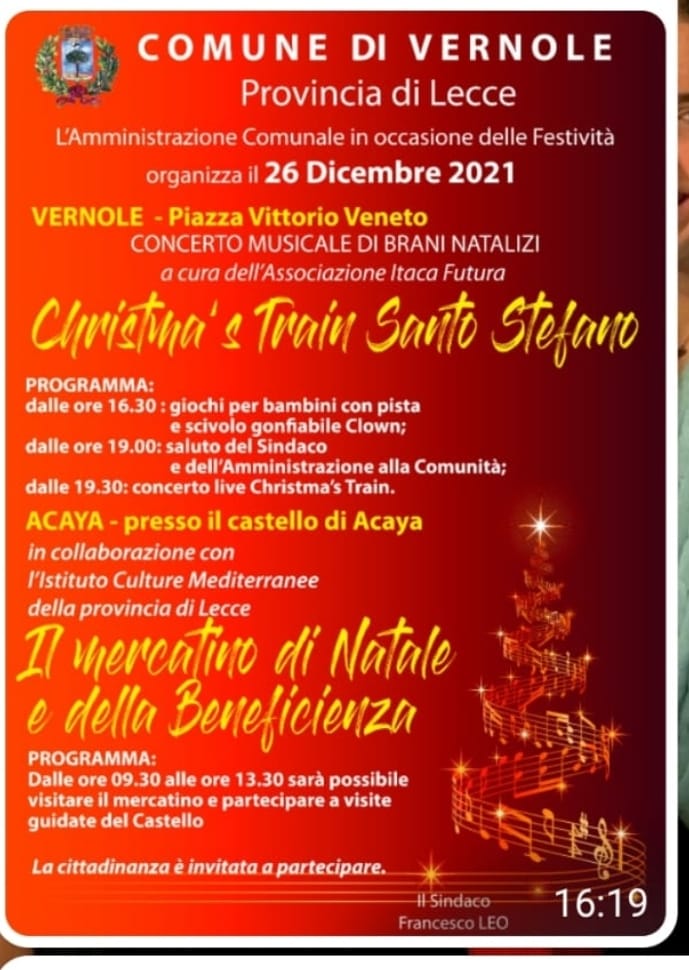 Domenica 26 dicembre nel Castello di Acaya c’è “Il mercatino di Natale e della beneficenza promosso dal Comune di Vernole con l’ICM