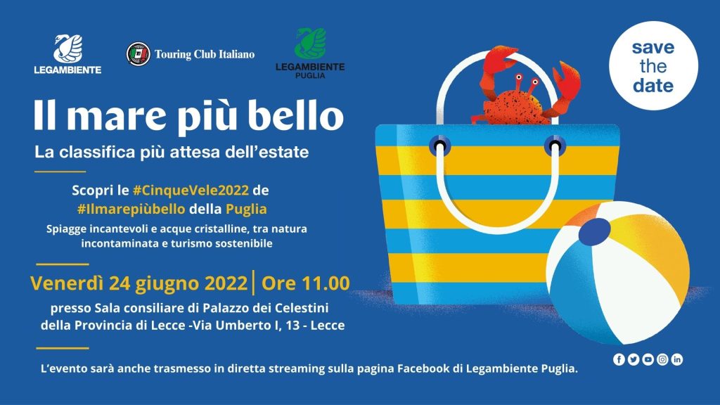 “Il mare più bello 2022”: domani a Palazzo dei Celestini la presentazione della Guida Blu di Legambiente che premia i comprensori turistici a ‘5 vele’