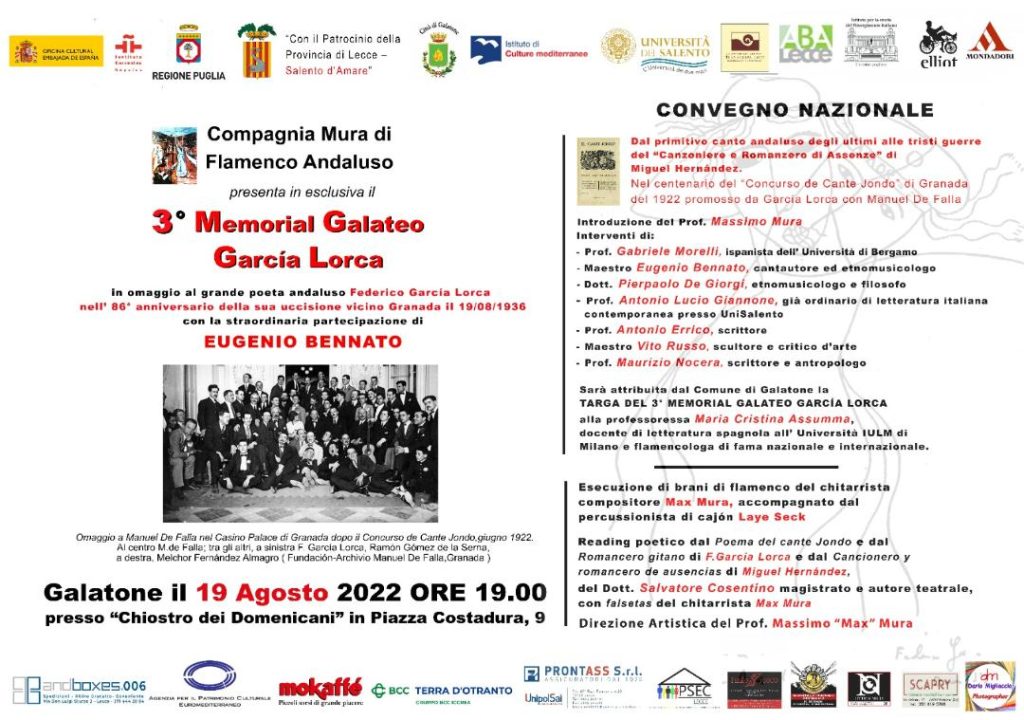 3° Memorial Galateo Garcìa Lorca a Galatone: un convegno nazionale, brani di flamenco, un reading poetico e la partecipazione di Eugenio Bennato