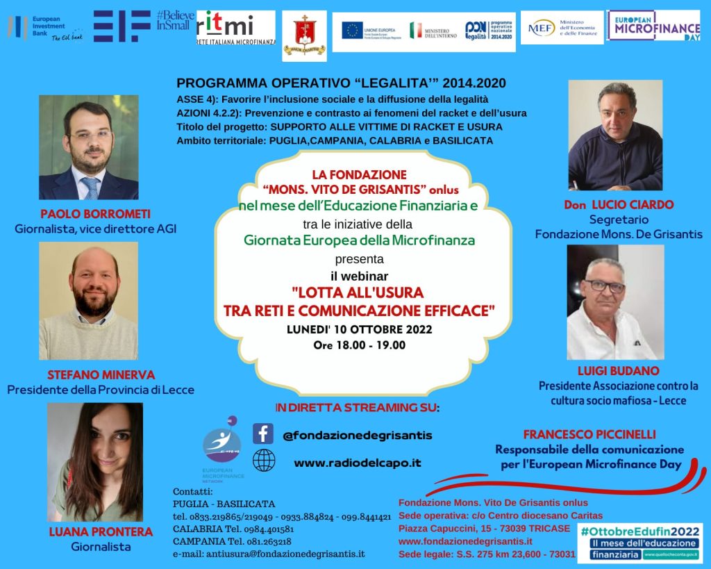 “Lotta all’usura tra reti e comunicazione efficace”: lunedì 10 ottobre un webinair promosso dalla Fondazione Monsignor  Vito De Grisantis