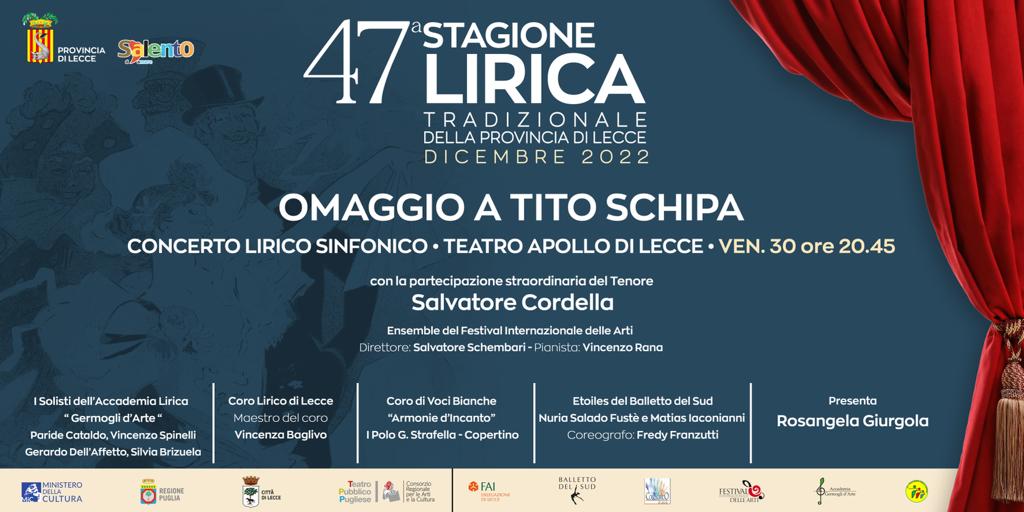 Con “Omaggio a Tito Schipa” si chiude  la 47^ Stagione lirica delle Provincia di Lecce: domani, a Palazzo Adorno, la presentazione  del concerto lirico sinfonico