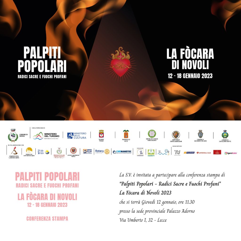 “Palpiti popolari. Radici sacre e Fuochi profani”, la Fòcara di Novoli 2023: domani la presentazione in Provincia