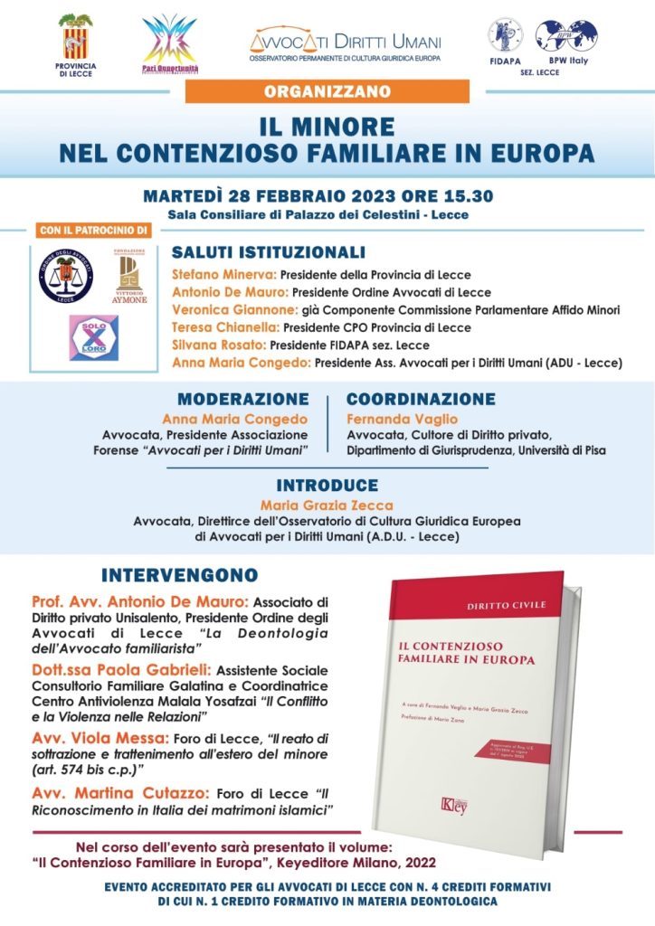 Tutela dei minori nei conflitti familiari: a Palazzo dei Celestini un incontro con esperti promosso dalla Cpo provinciale