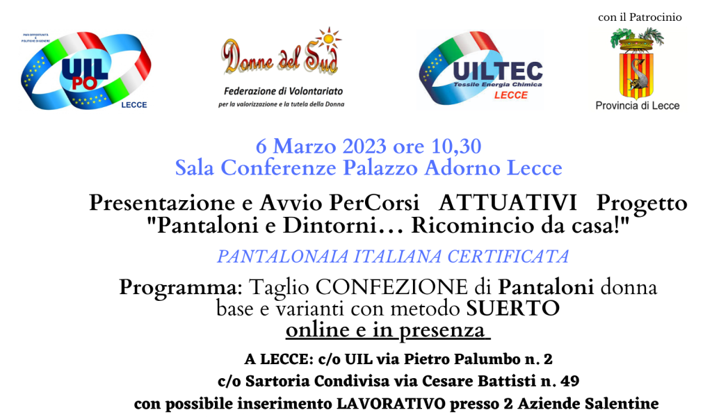 “Pantalonaia Italiana Certificata”: al via a Lecce il Corso di sartoria solidale per donne in condizioni di fragilità