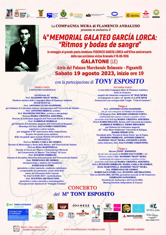 4° Memorial Galateo Garcìa Lorca: a Galatone l’evento con Tony Esposito in omaggio al grande poeta andaluso