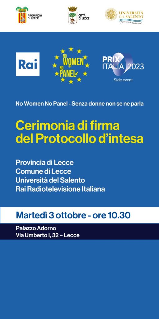“No women no panel”: il 3 ottobre a Palazzo Adorno la firma del Protocollo d’intesa tra Rai, Provincia, Comune e Università del Salento