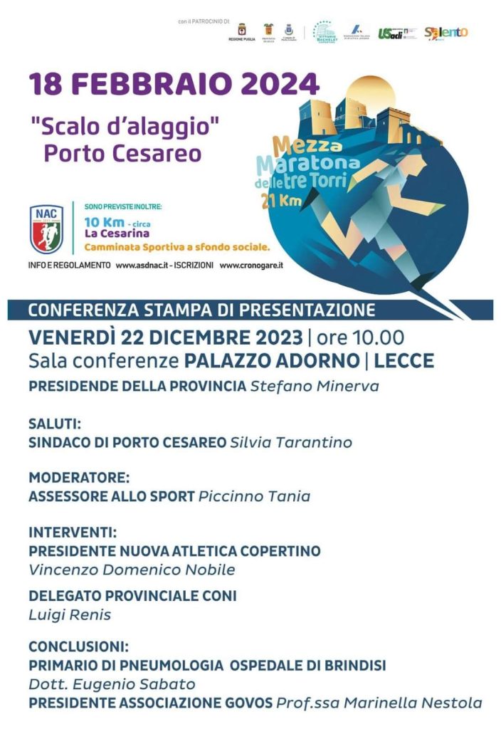 Mezza Maratona delle Tre Torri a Porto Cesareo: domani in Provincia la presentazione delle gara podistica nazionale e degli eventi collaterali