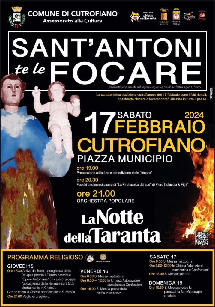 “Sant’Antoni te le focare”: domani a Palazzo Adorno la presentazione della festa che il 17 febbraio “accendera’” Cutrofiano