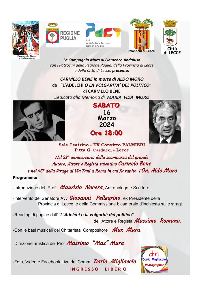 “Carmelo Bene in morte di Aldo Moro”: il 16 marzo, a Lecce, un incontro tra parole e musica per non dimenticare