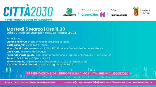 Arriva a Lecce la campagna itinerante “Città2030” di Legambiente: in Provincia la presentazione del report sulla mobilità urbana