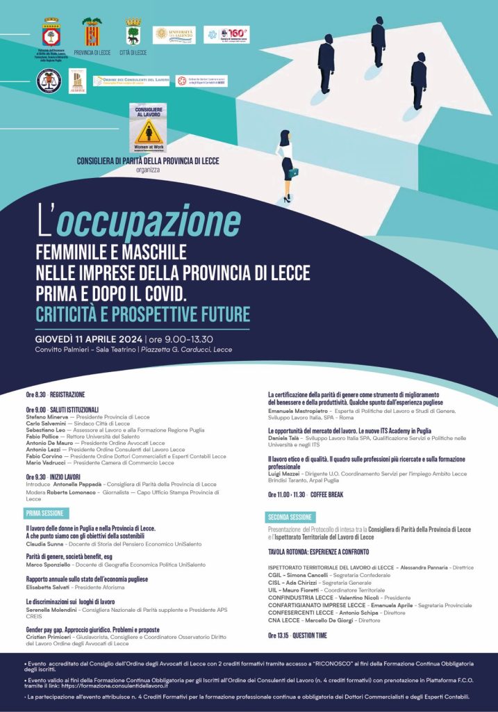 Il quadro del lavoro post pandemia nel Salento tra disparità di genere e nuove prospettive: l’11 aprile l’evento promosso dalla consigliera di Parità della Provincia di Lecce