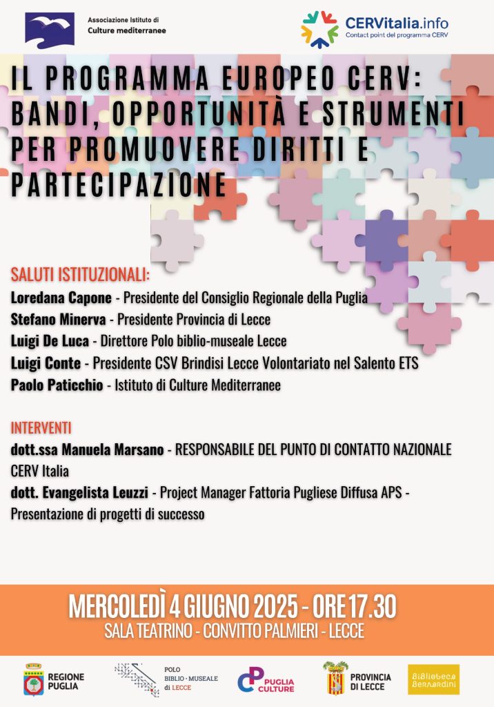 Diritti e partecipazione attiva: tutte le opportunità del Programma “CERV” nell’evento promosso a Lecce da AICM con la responsabile nazionale Manuela Marsano