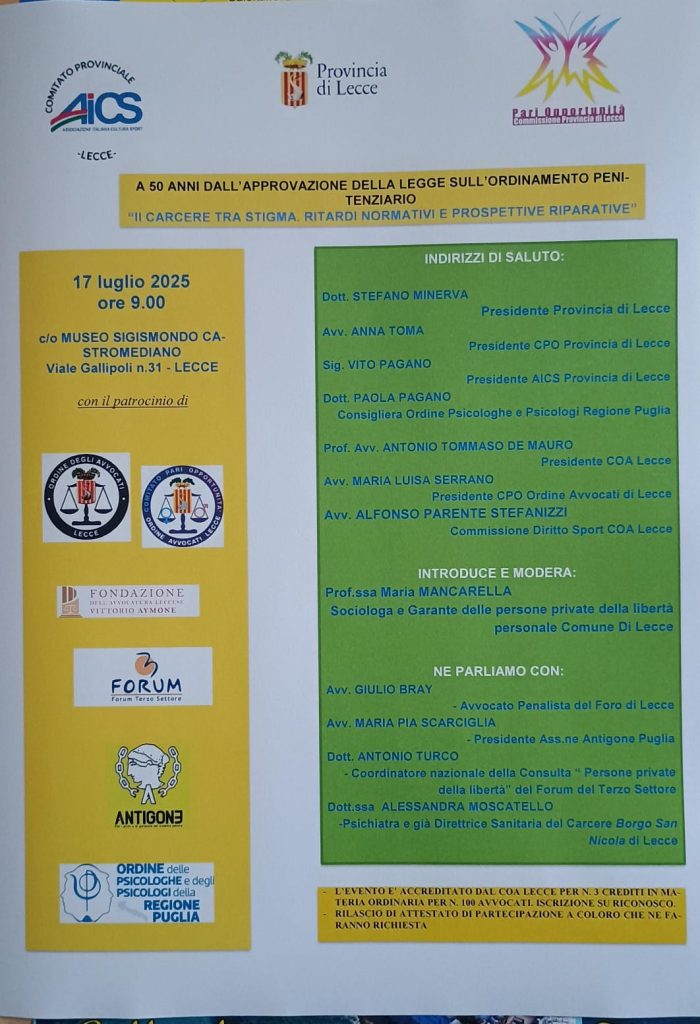 Il carcere oggi: il 17 luglio a Lecce e Tiggiano i due eventi della giornata  dedicata al mondo penitenziario promossa dalla Cpo della Provincia di Lecce