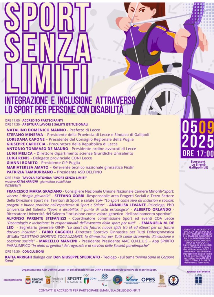 Tre giorni dedicati allo sport inclusivo: a Gallipoli il convegno “Sport Senza Limiti” e a Lecce il 3° Torneo internazionale di ritmica “Memorial Luigi Montefusco”