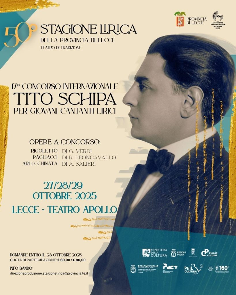 Al via il 17° concorso internazionale Tito Schipa per giovani cantanti lirici: in palio ruoli della Stagione lirica 2025  e premi speciali. C’è tempo fino al 23 ottobre per iscriversi