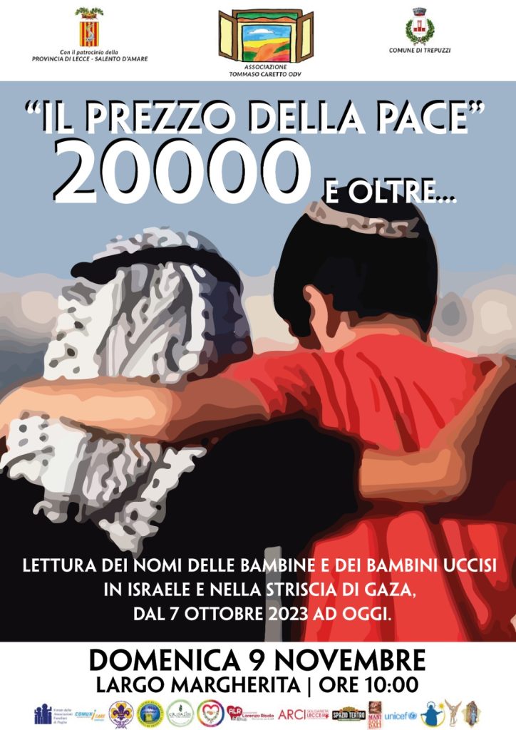 “Il prezzo della pace. 20000 e oltre”: il 9 novembre a Trepuzzi lettura collettiva dei nomi dei bimbi uccisi a Gaza
