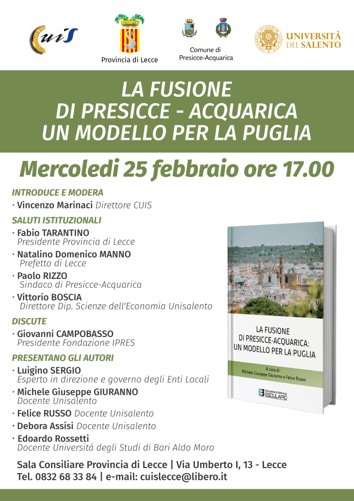 “La fusione di Presicce-Acquarica: un modello per la Puglia”: la presentazione del progetto CUIS a Palazzo dei Celestini