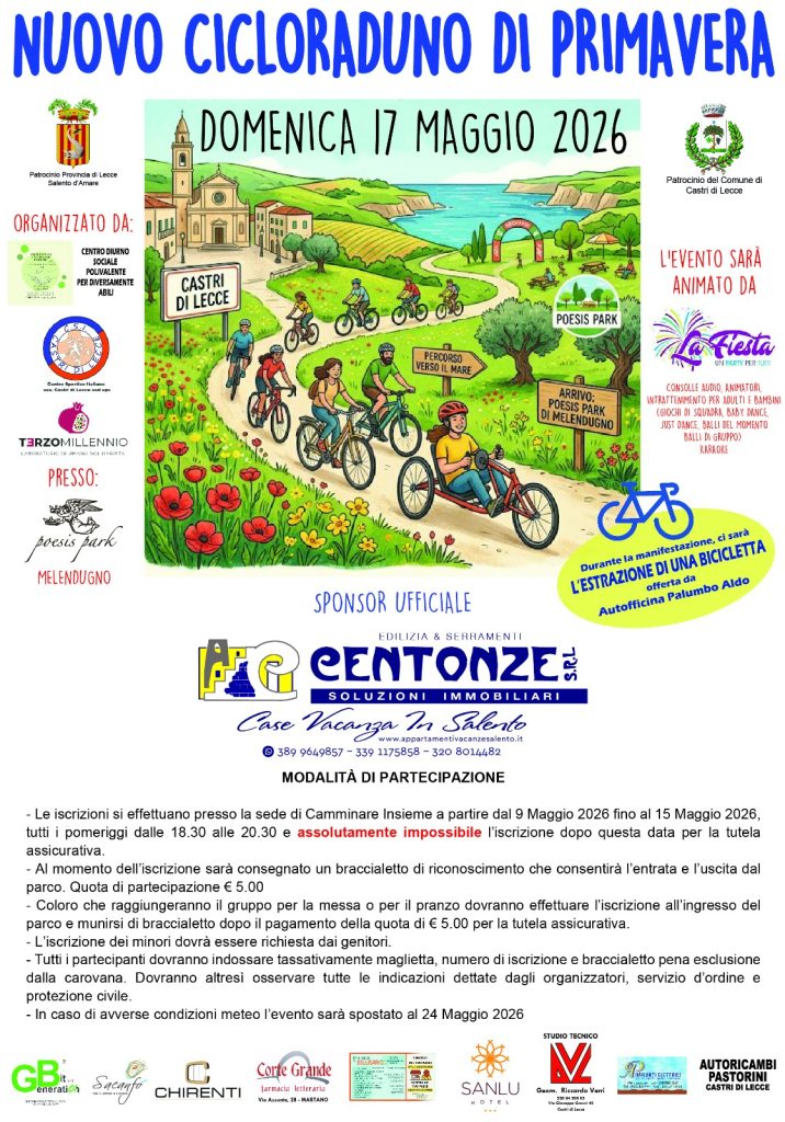 Domenica 17 maggio tutti al “Cicloraduno di Primavera”, da Castri’ a Melendugno