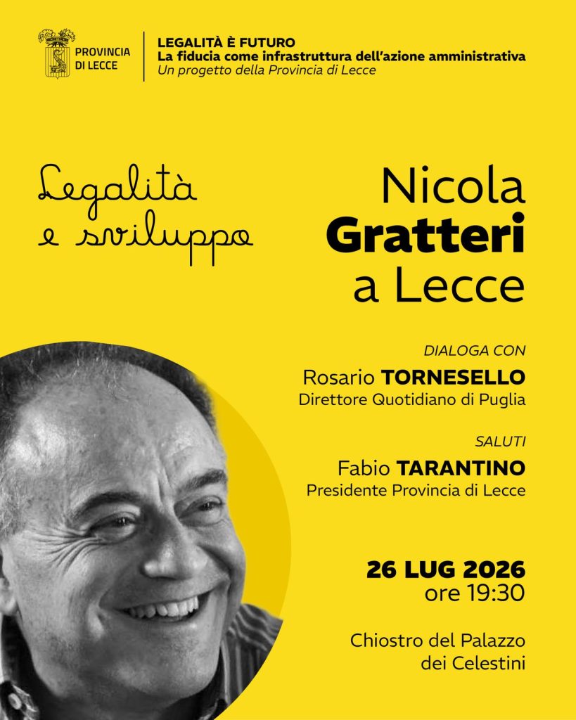 “Legalità è Futuro”, nuovo appuntamento del progetto della Provincia di Lecce: arriva il procuratore Nicola Gratteri