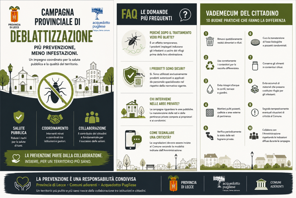 Interventi di deblattizzazione: già tanti i Comuni che stanno aderendo al Protocollo d’intesa promosso dalla Provincia con AQP